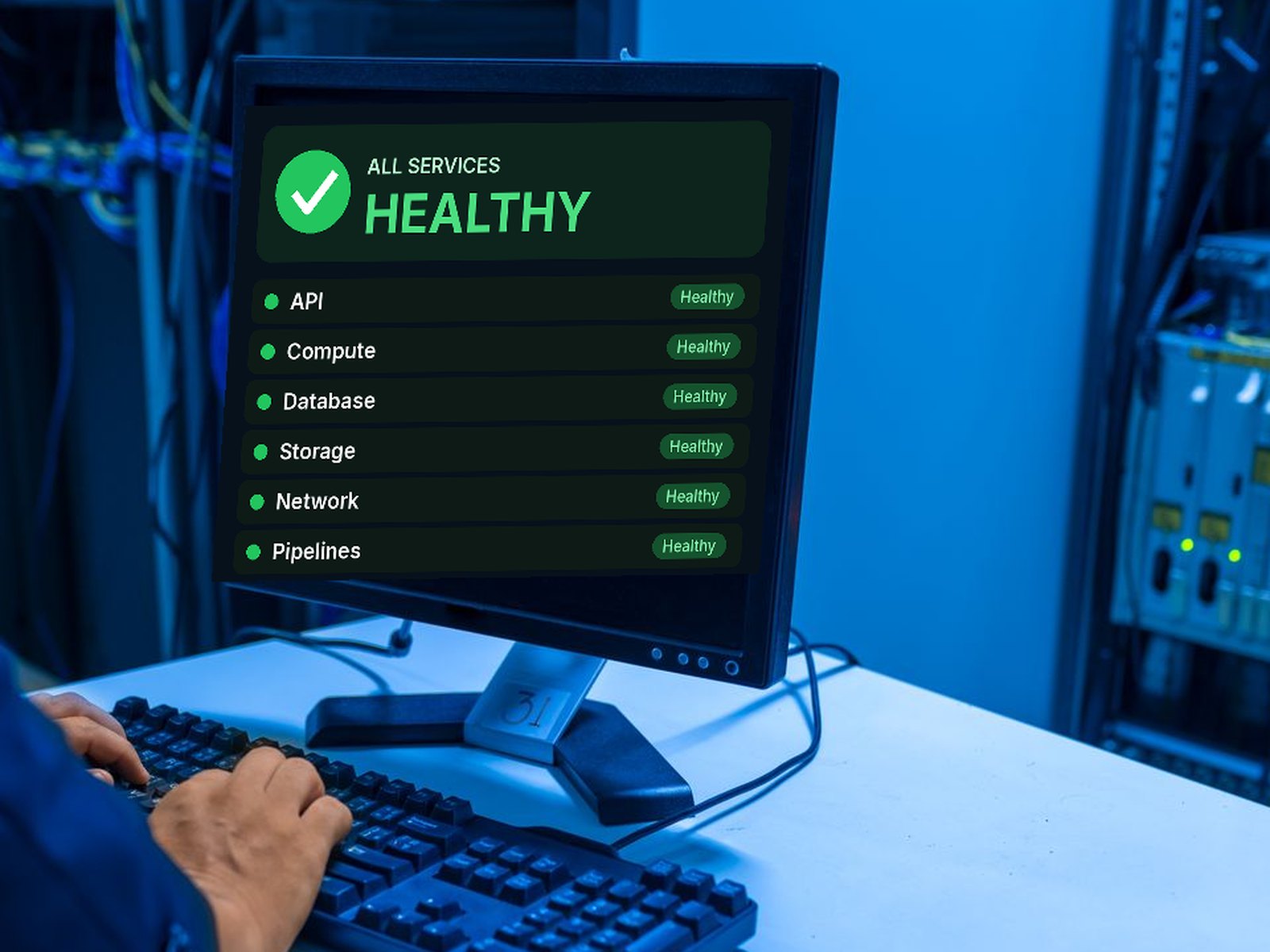 Monitor in a server room with a dashboard showing all services healthy